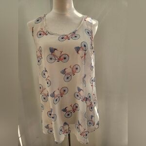 Pink Owl Sleeveless Blouse Large – Bicycle Print Tank Top Sheer White